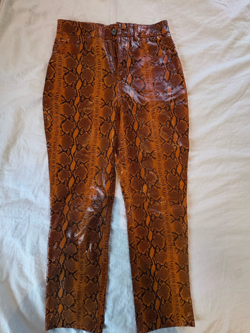 GRLFRND Orange Leather Snakeskin Pants